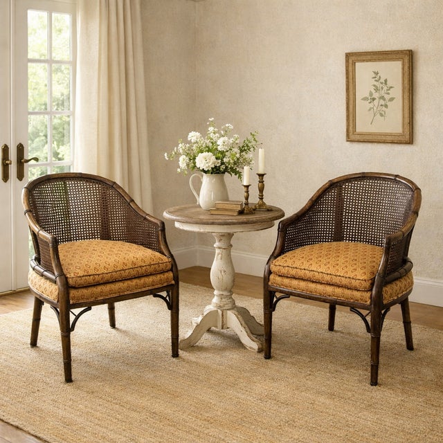 Mid 20th Century Mid 20th Century Faux Bamboo and Cane Barrel Chairs With Blockprint Style Upholstery - Set of 4 For Sale - Image 5 of 12