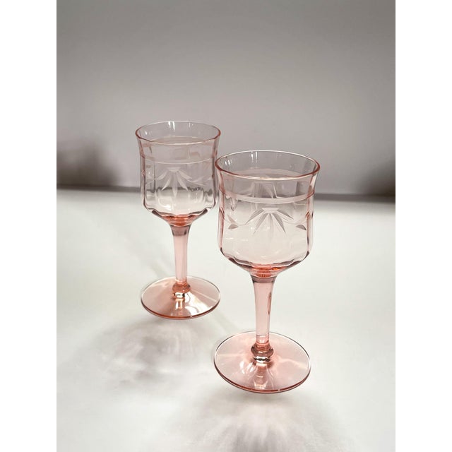Glass Vintage Pink Glassware Set- 2 Wine Glasses & 2 Footed Tumblers For Sale - Image 7 of 12