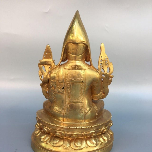 Late 20th Century Gilt Brass Tsongkhapa Seated Religious Sculpture, Buddhist Altar Statue For Sale - Image 4 of 9