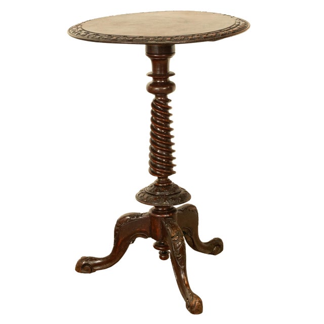 Brown Antique Irish Carved Burl Walnut Spiral Twist Pedestal Tripod Wine Table 1860 For Sale - Image 8 of 18