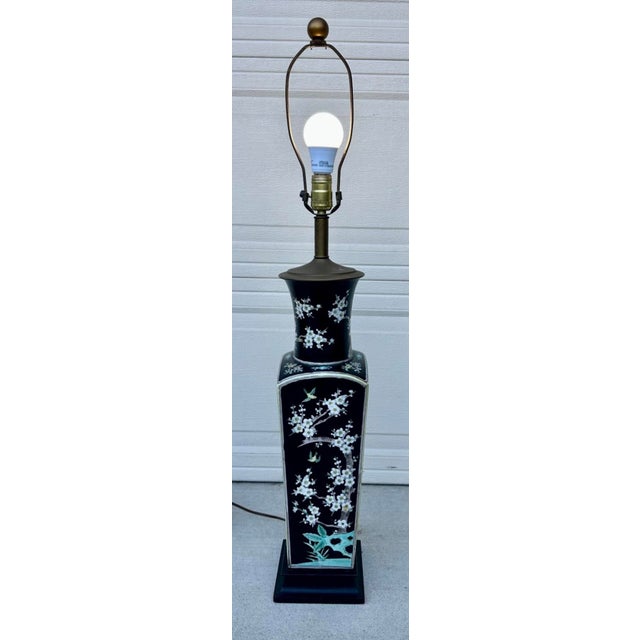 Black Antique Large Chinese Famille Noire Square Porcelain Vase Table Lamp 36" For Sale - Image 8 of 18