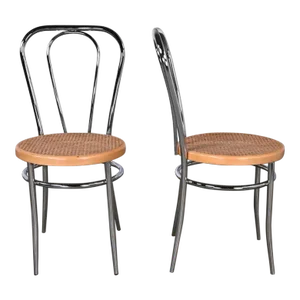 Pair 1970’s Made in Italy Bauhaus Style Bistro Café Chairs Chrome W/ Cane Seat After Thonet