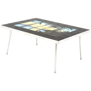 Art Tile Top Beach Scene Turned Legs Mid-Century Modern Coffee Table