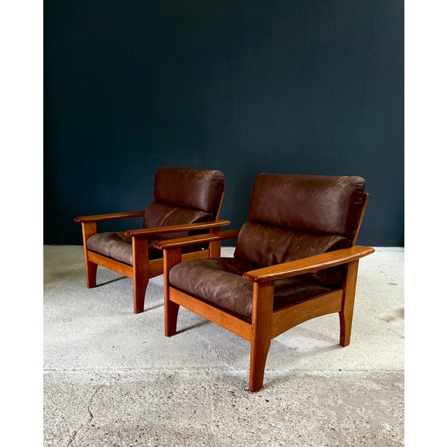 1960s Mid-Century Modern Leather and Teak Lounge Chairs, 1960s, Set of 2 For Sale - Image 5 of 18