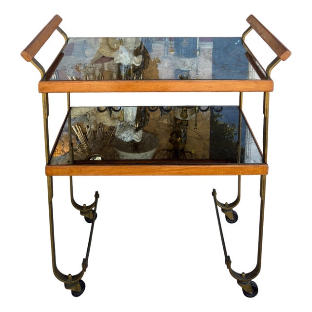 1970’s Italian Walnut & Venetian Mirrored Cocktail Cart Dry Bar For Sale