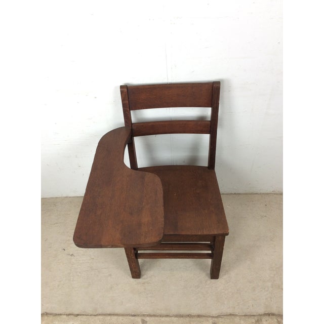 1930s Antique Oak School Desk Chair With Writing Table and Under Seat Storage For Sale - Image 5 of 16
