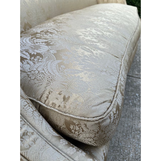 Scroll Arm Down Filled Camelback Sofa- Reupholstered in Golden Cream Damask Silk For Sale - Image 6 of 12