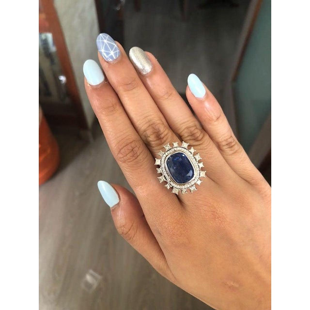 18k Gold 15.88 Carats Burma Blue Sapphire and Princess Diamond Cocktail Ring, Size 6 For Sale - Image 6 of 6