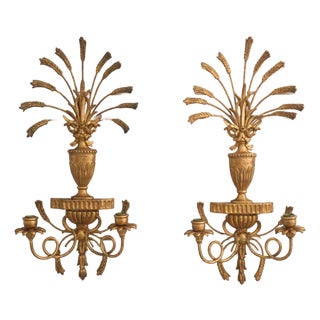 1990s Pair of Italian Gold Wheat Sheaf Candelabra Wall Sconces For Sale