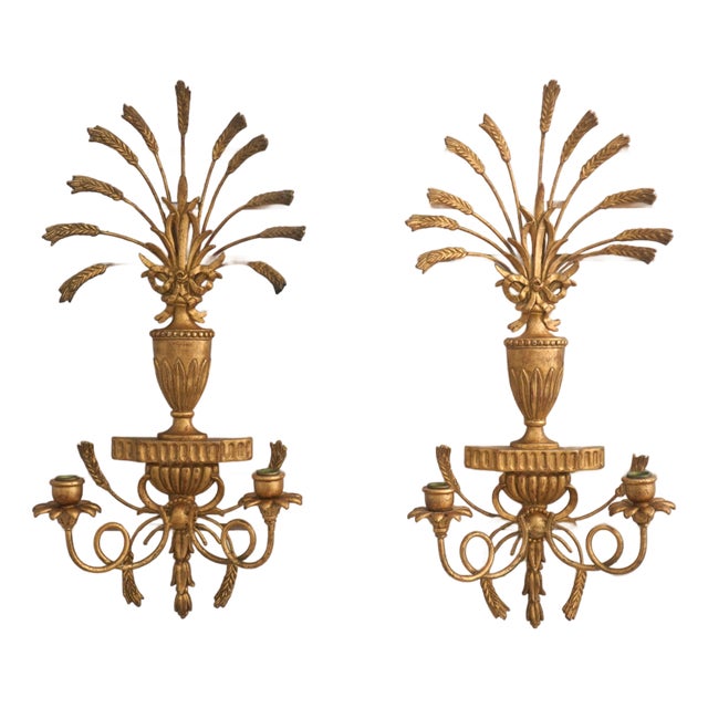 1990s Pair of Italian Gold Wheat Sheaf Candelabra Wall Sconces For Sale