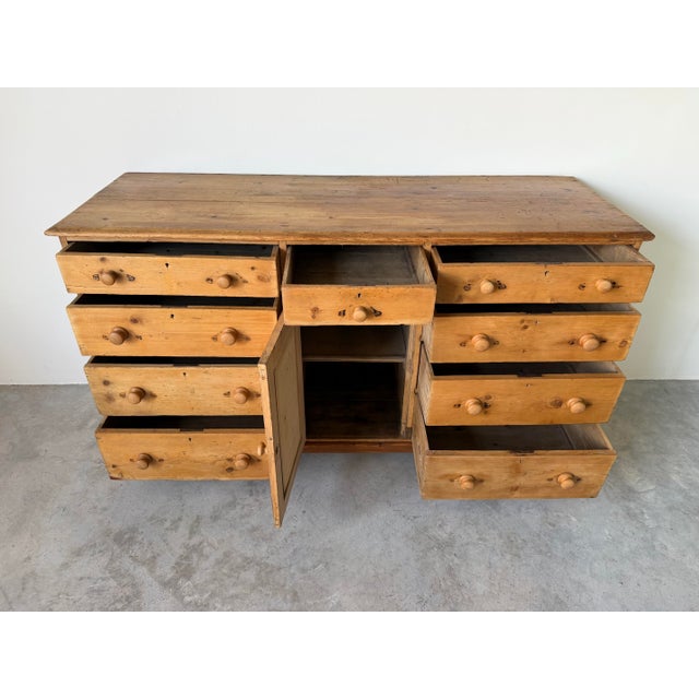 Farmhouse Antique English Pine Sideboard With Central Cupboard & Nine Drawers For Sale - Image 3 of 12