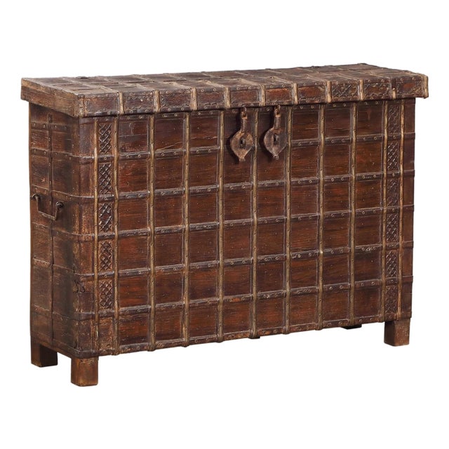Antique Indian Teakwood and Brass Pitara Chest Console For Sale
