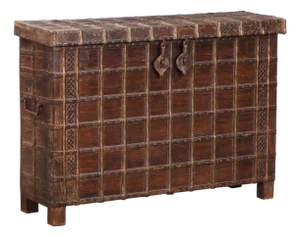 Antique Indian Teakwood and Brass Pitara Chest Console