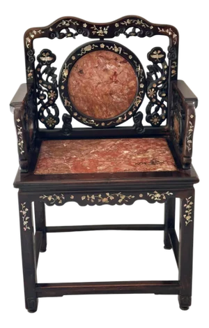 Antique Chinese Rosewood Arm Chair W Sienna Marble & Mother Pearl Inlay