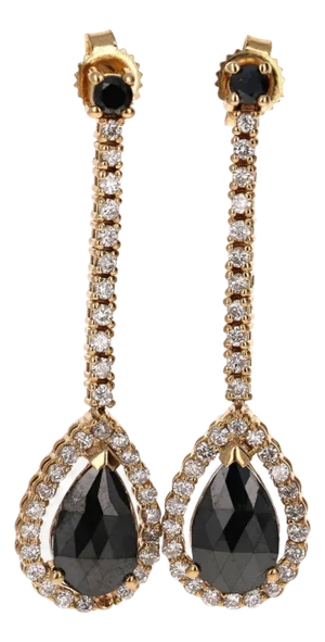 2.23 Carat Black and White Diamond Yellow Gold Drop Earrings, A Pair