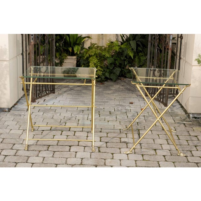 Vintage Pair of Italian Brass and Glass Folding Side Table with Sandaled Feet For Sale - Image 10 of 10
