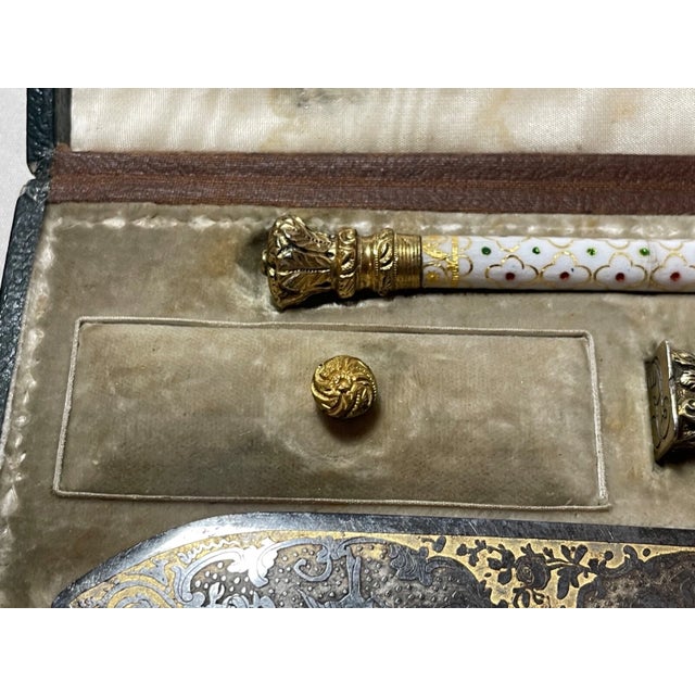 Set of 6, 1800's French Sterling Silver Gilt Paillonné Enamel Was Seal Pen Writing Set For Sale - Image 11 of 14