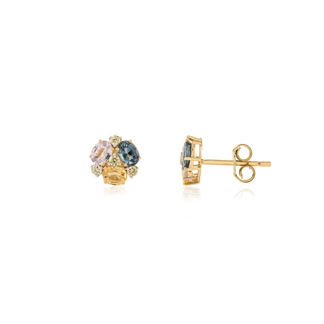 Art Deco 1.28 Ct Vibrant Multi Sapphire & Diamond Cluster Earrings in 14k Gold- 2 Pieces For Sale - Image 3 of 11