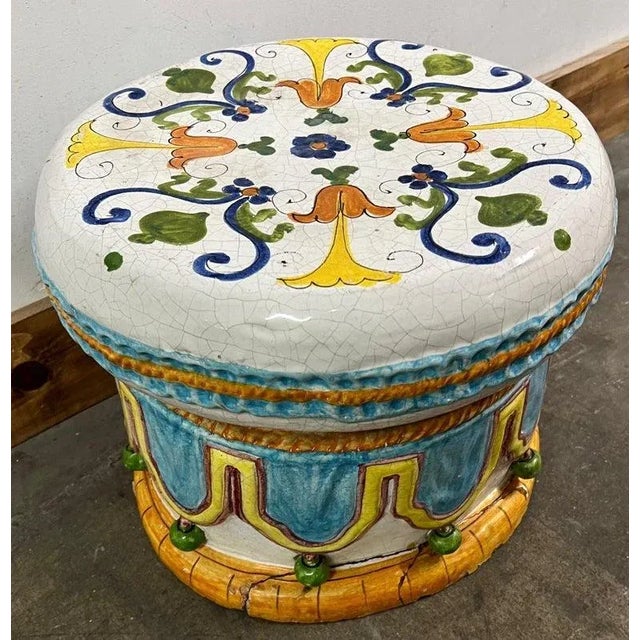 Hollywood Regency Majolica Italian Ceramic Terracotta Hand Painted Hollywood Regency Stool For Sale - Image 3 of 10