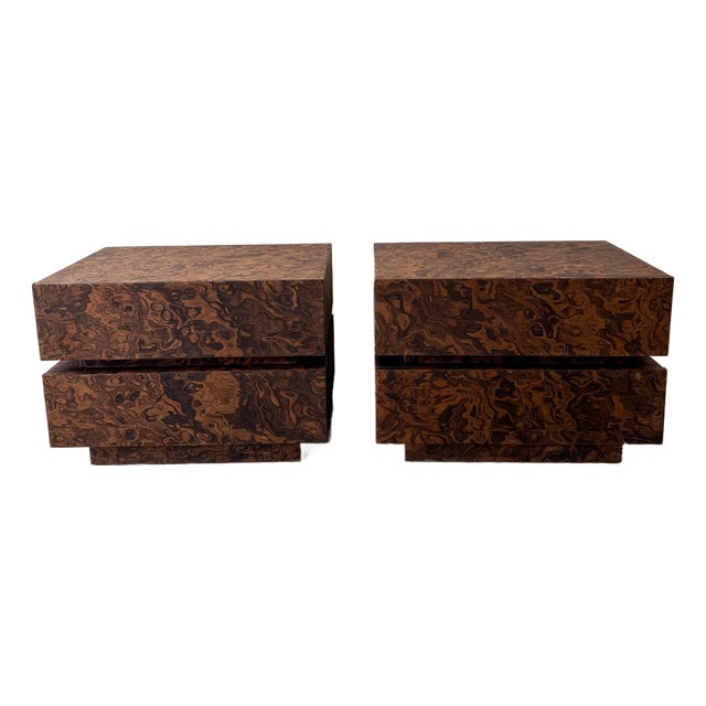 Pair of Vintage Mid Century Modern Burlwood Nightstands 1970s For Sale