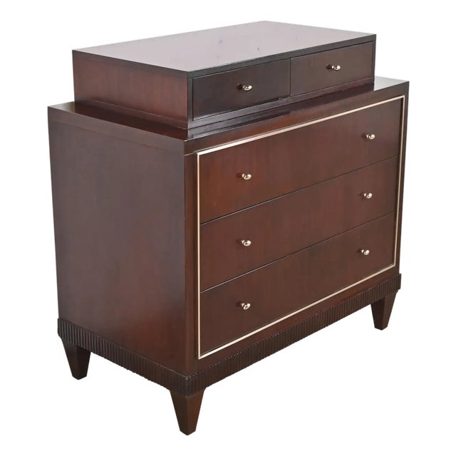 1990s Modern Regency Dark Mahogany and Nickel Chest of Drawers For Sale