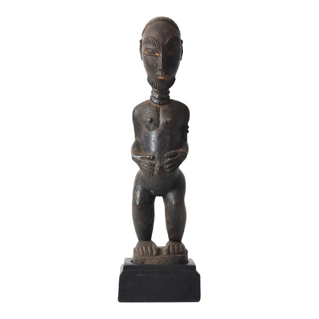 Early 20th Century Baule Wood Bearded Female Figurine On Base Côte d'Ivoire For Sale
