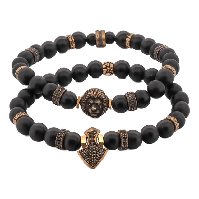 Powerful Lion & Diamond Arrow Black Onyx Bracelet Set For Sale