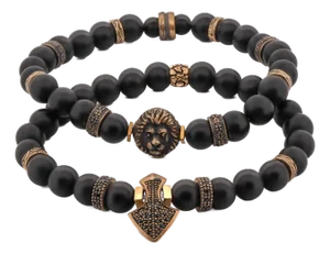 Powerful Lion & Diamond Arrow Black Onyx Bracelet Set