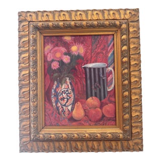 Vibrant Post-Impressionist Still Life With Fruit, Floral Vase & Pitcher, Framed For Sale