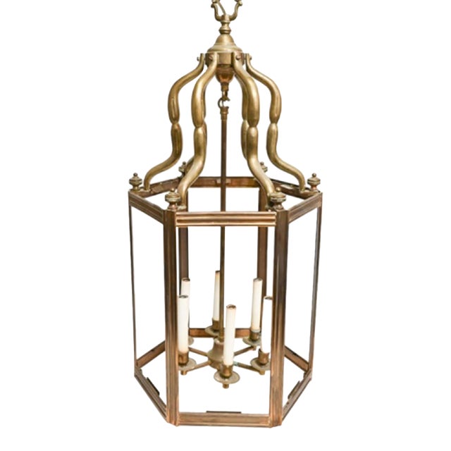 Antique Large Brass Hexagonal Hall or Entry Lantern For Sale