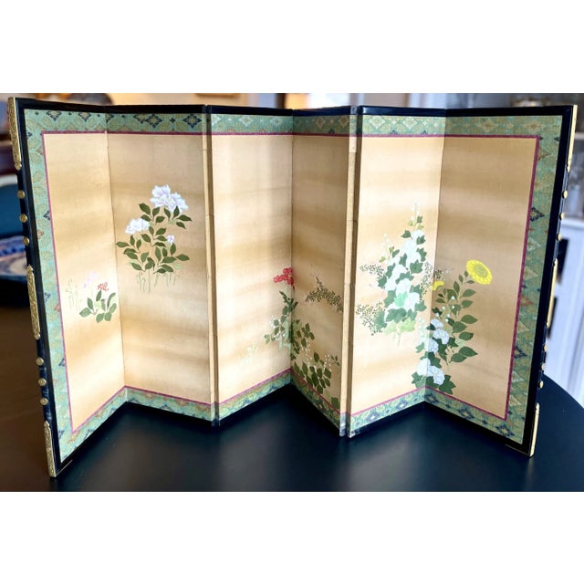 Elegant, hand painted antique 6-panel byobu screen. Simply rendered bonsai scene with beautifully articulated flowers,...