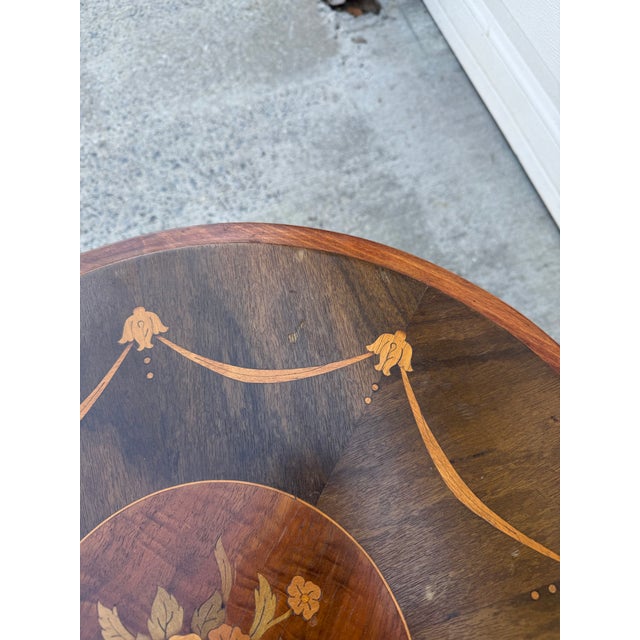 Vintage French Louis XV Style Round Marquetry Side Table With Floral Inlay & Lower Shelf For Sale - Image 12 of 12