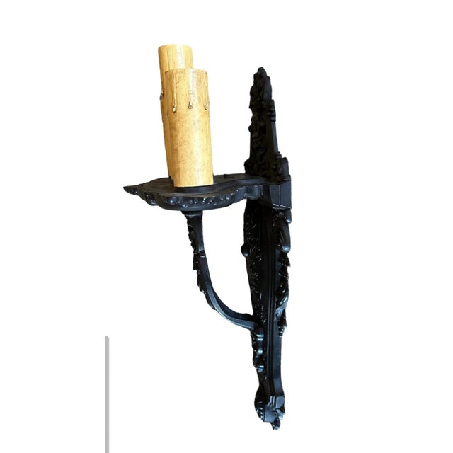 Pair Large Triple Candle Wall Sconces in Black Paints With Beautiful Cast Detail, Circa 1910 For Sale - Image 4 of 6