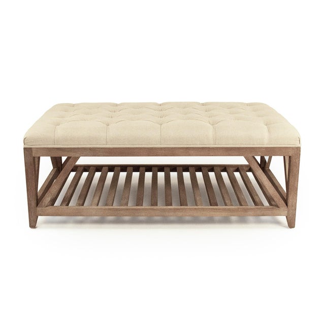 French Country Mathis Tufted Ottoman - Linen / Weathered Oak Frame For Sale - Image 3 of 4