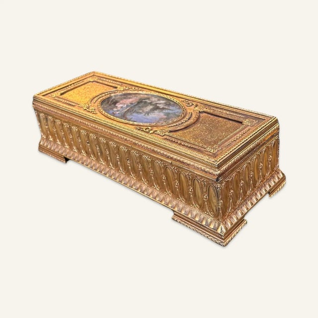 Late 19th Century Victorian French Gilt Brass Box With Hand Painted Porcelain Cartouche Inset For Sale - Image 4 of 10