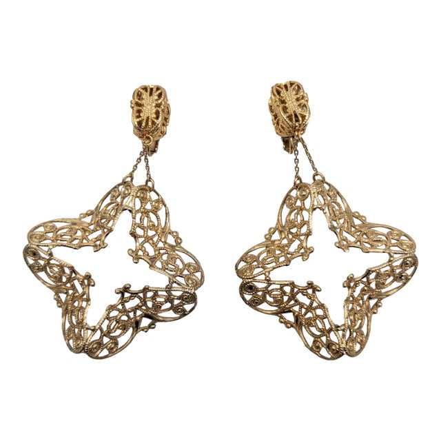 Vintage 1970s Signed Napier Huge Goldtone Pendant Clip Earrings-2 Pieces For Sale