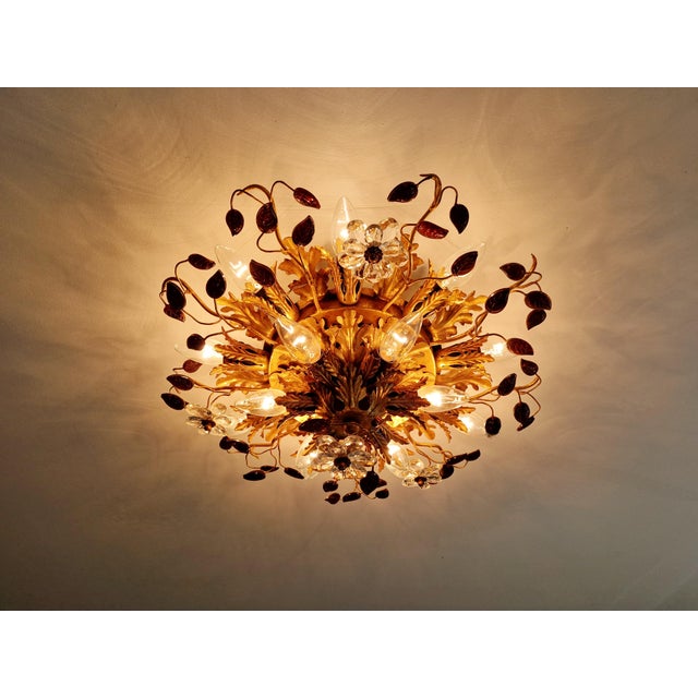 Large Floral Ceiling Light in Brass and Crystal by Banci Firenze, Italy, 1970s For Sale - Image 13 of 14