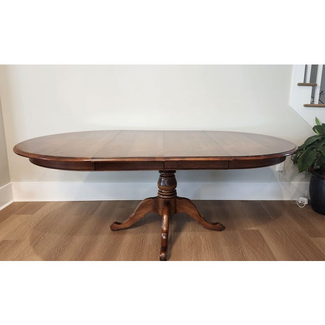 Vintage Ethan Allen Heirloom Collection Drop Leaf Pedestal Dining Table, 44" Round Extends to 78" For Sale - Image 10 of 17