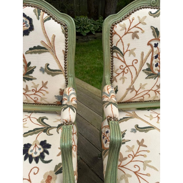 Pair of Custom Botanical Crewelwork Chairs in Green For Sale - Image 13 of 18