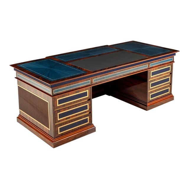 Italian Walnut & Blue Onyx Executive Pedestal Desk With Leather Writing Surface For Sale