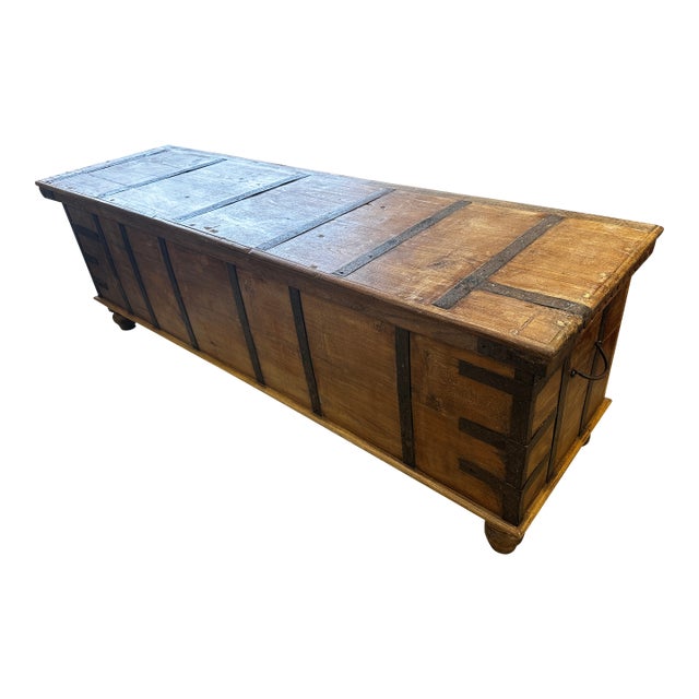Solid Reclaimed Teak Wood Trunk With Iron Grid Detailing For Sale
