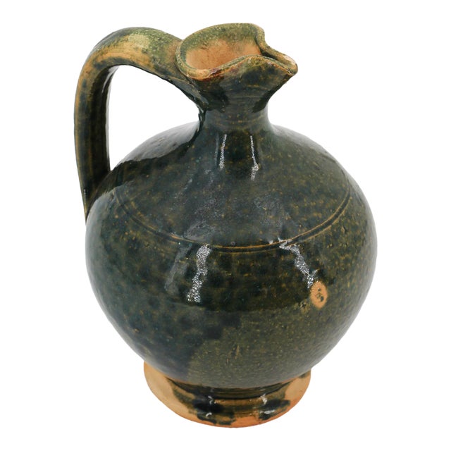 Rare 19th Century, Small Green Portuguese Earthenware Jug With Handle For Sale