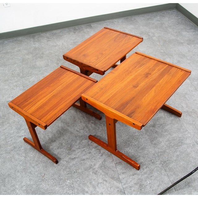 Brown Mid Century Danish Modern Nesting Tables Solid Teak Set 3 Denmark Sled MCM Wood For Sale - Image 8 of 12