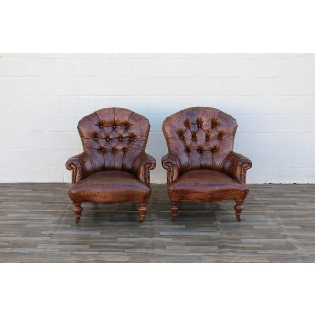 1980s Pair of Vintage 1980s Distressed Brown Leather Tufted Library Armchairs For Sale - Image 5 of 18