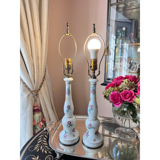 This is a beautiful pair of vintage Warren Kessler opaline lamps that have been hand-painted in the prettiest...