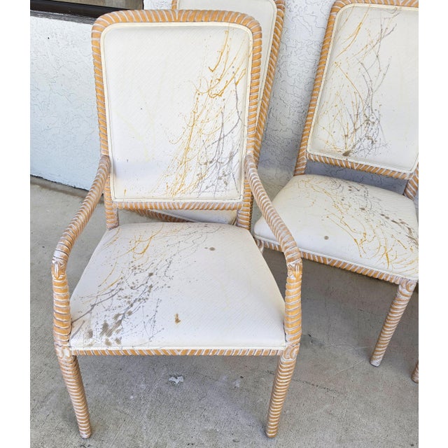 Coastal Carved Faux Rope Solid Wood Dining Chairs Abstract Upholstery Set of 6 For Sale - Image 17 of 18