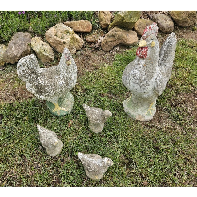 Mid 20th Century Concrete Rooster, Hen and Chicks Garden Ornaments - 5 Pieces For Sale - Image 4 of 12