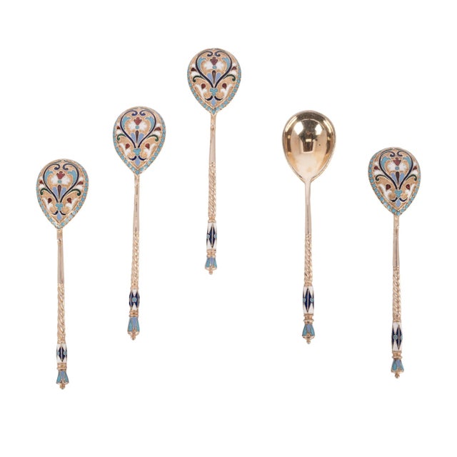 Silver Antique Set Imperial Russian Silver Gilt Cloisonne Spoons Feodosii Pekin Moscow - 5 Pieces For Sale - Image 8 of 11