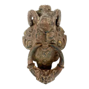 Antique Iron Satyr Face W/Ram Horns Door Knocker