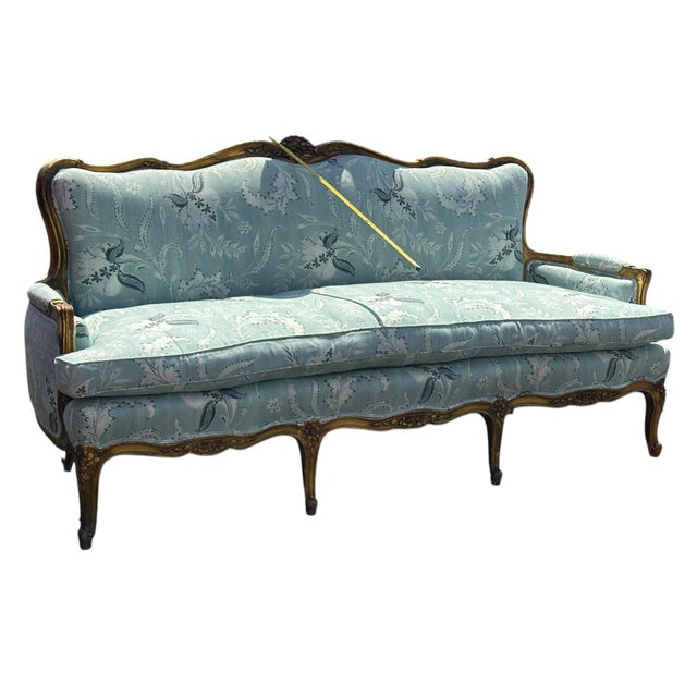 French Antique 19th C Louis XV Style Canapé Sofa in Eden Serene Fabric by Schuyler Samperton For Sale - Image 3 of 7